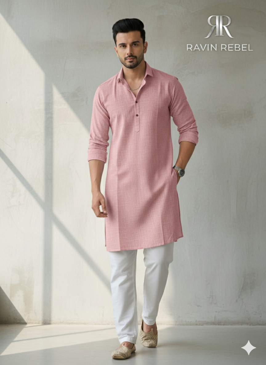Men's Cotton Regular Textured Long Kurta Full Sleeves - Casual Ethnic Wear