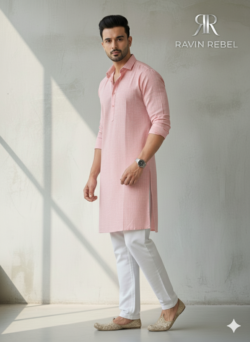 Men's Cotton Regular Textured Long Kurta Full Sleeves - Casual Ethnic Wear