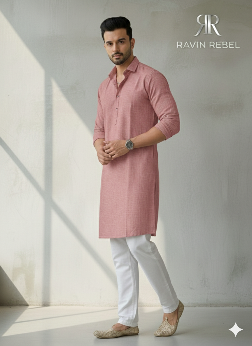 Men's Cotton Regular Textured Long Kurta Full Sleeves - Casual Ethnic Wear