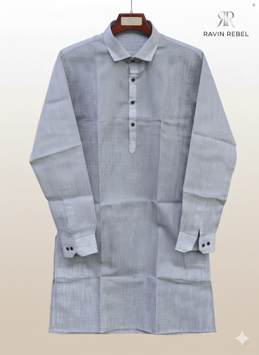 Men's Cotton Regular Textured Long Kurta Full Sleeves - Casual Ethnic Wear