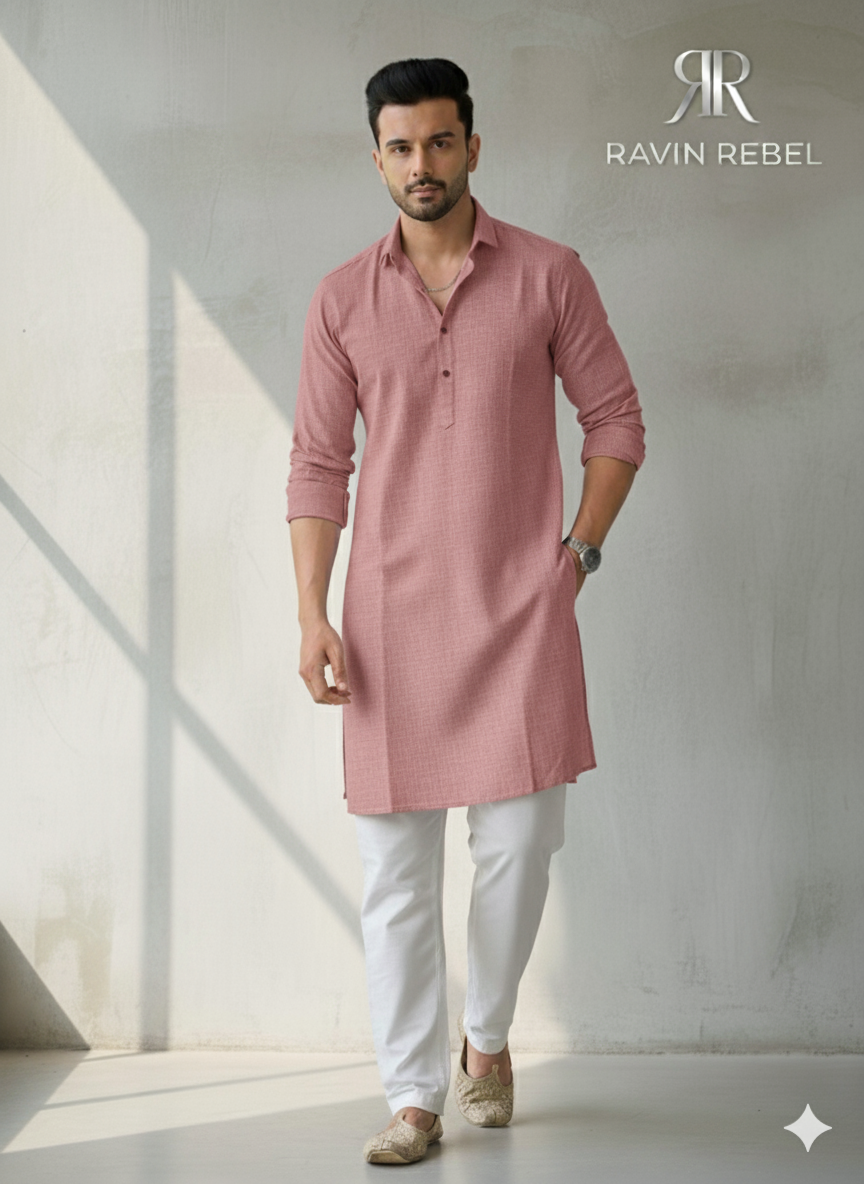 Men's Cotton Regular Textured Long Kurta Full Sleeves - Casual Ethnic Wear