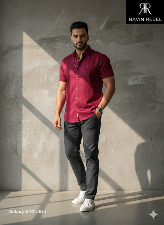 Men’s Textured Cotton Half-Sleeve Shirt – Crimson Red | Ravin Rebel