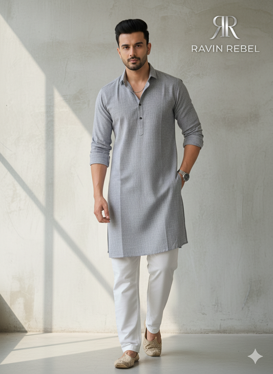 Men's Cotton Regular Textured Long Kurta Full Sleeves - Casual Ethnic Wear