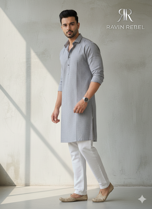 Men's Cotton Regular Textured Long Kurta Full Sleeves - Casual Ethnic Wear