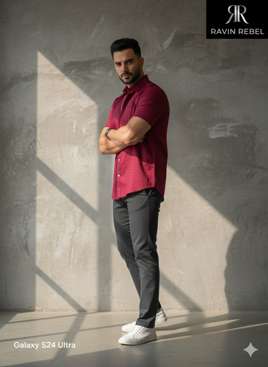 Men’s Textured Cotton Half-Sleeve Shirt – Crimson Red | Ravin Rebel